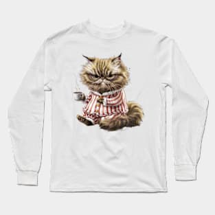 Print design of a cute Persian cat, wearing cozy pajamas and holding a steaming cup of coffee.1 Long Sleeve T-Shirt